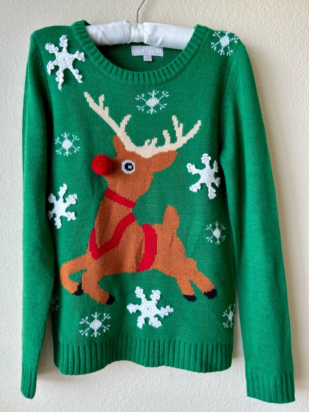 Reindeer Holiday Sweater Green Brown Red White Snowflake Long Sleeve Crew Small - Picture 9 of 9